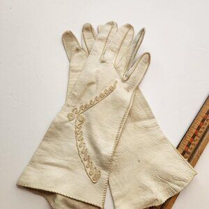 Leather Cream White Soft Gloves with Embroidery Dainty Evening Accessory Wedding